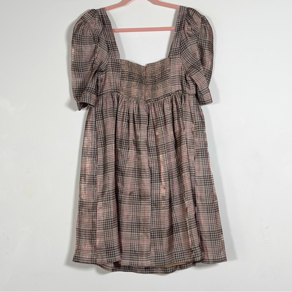 EN SAISON Plaid Organza Babydoll Mini Dress Sz L Puffy Short Sleeve - Picture 7 of 16
